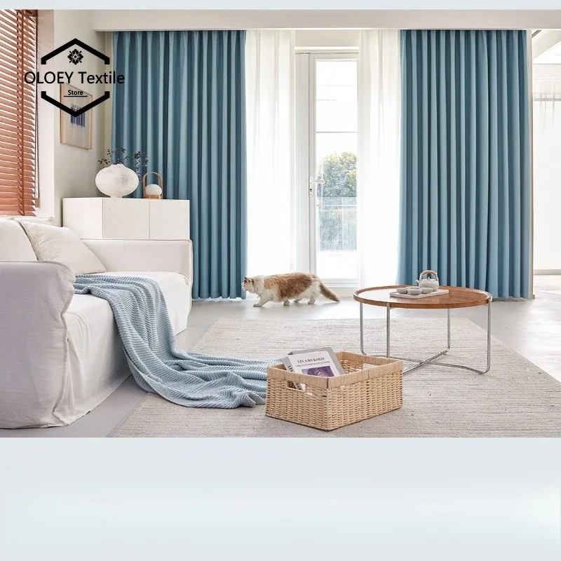 Custom Size ！Solid Color Soundproof Window Nordic High Shading Imitation Linen Blackout Curtains for Living Dining Room Bedroom