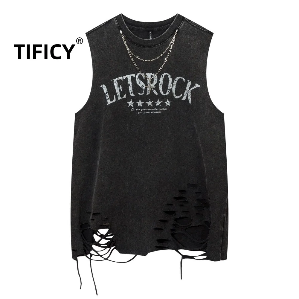 

Мужская майка High Street Tees: плотная, с эффектом потертости, рваными элементами и бахромой, в уличном стиле, повседневная, свободного кроя