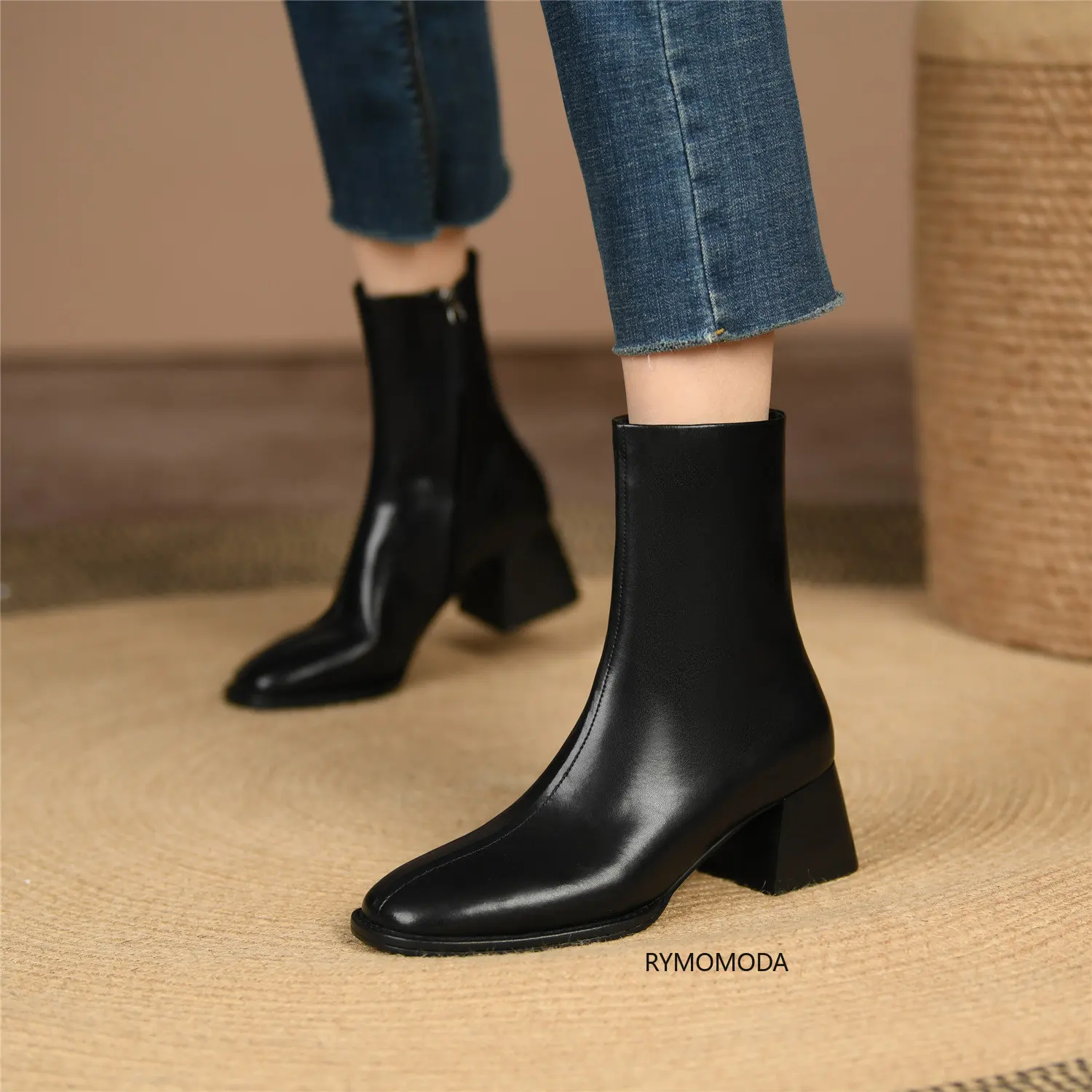 Women Ankle Boots Handmade Luxury Genuine Leather Medium Heels Zipper Black Short Boot Elegant Female Booties Designer Shoe 42