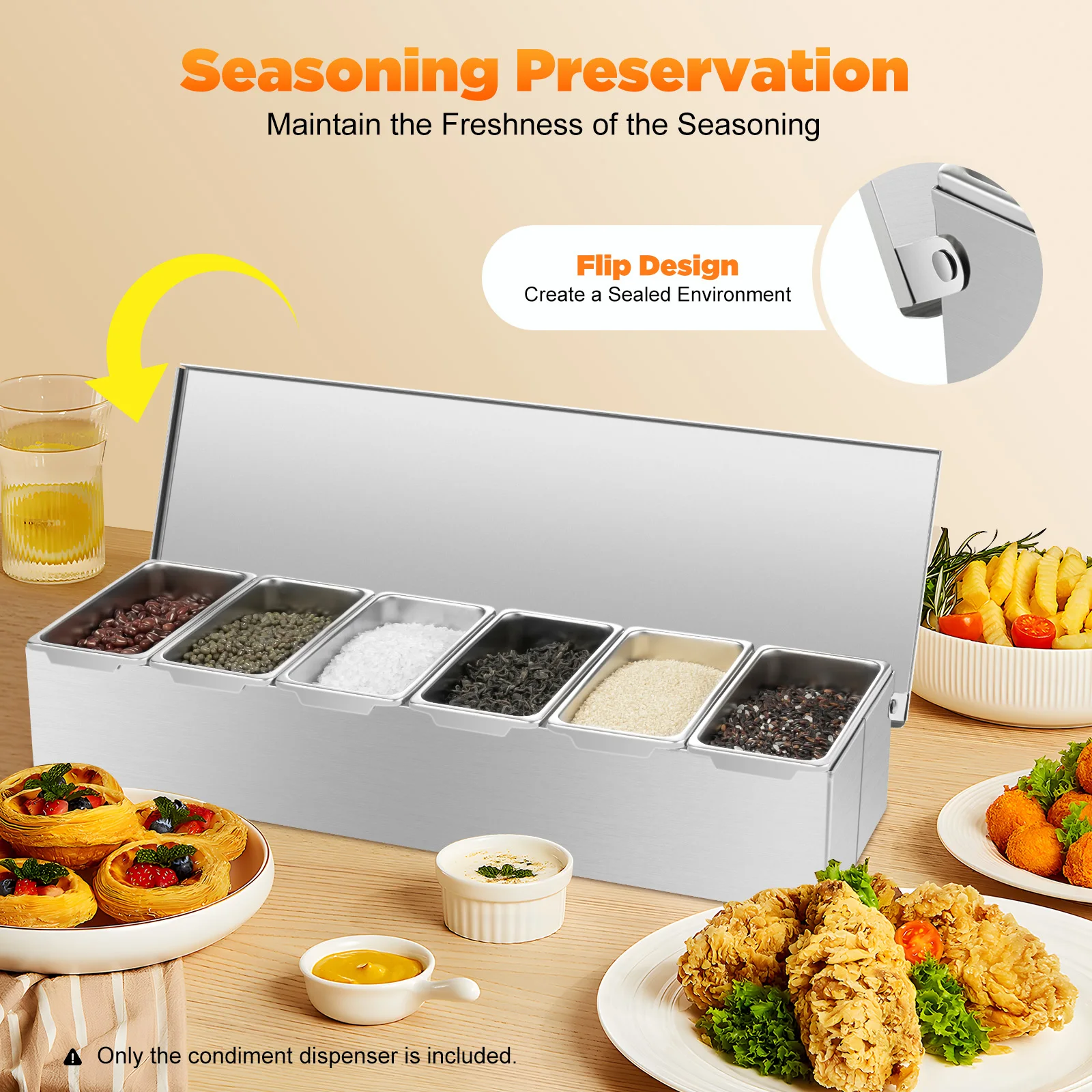 

Food-Grade 6-Compartment Spice Organizer Stainless Steel Condiment Dispenser 2.8in Deep Stackable Dishwasher Safe for Kitchen