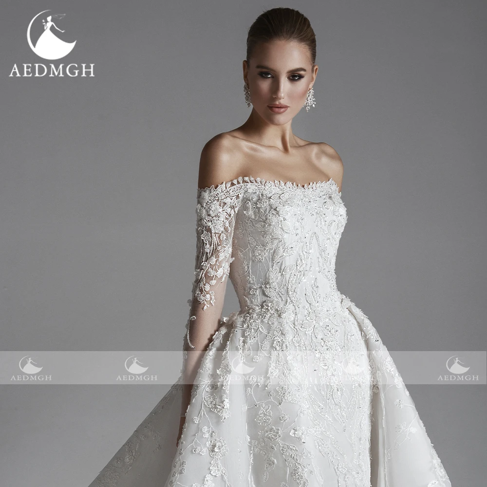 Aedmgh Mermaid Elegant Wedding Dresses 2024 Boat Neck Long Sleeve Vestido De Novia Appliques Detachable Train Robe De Mariee