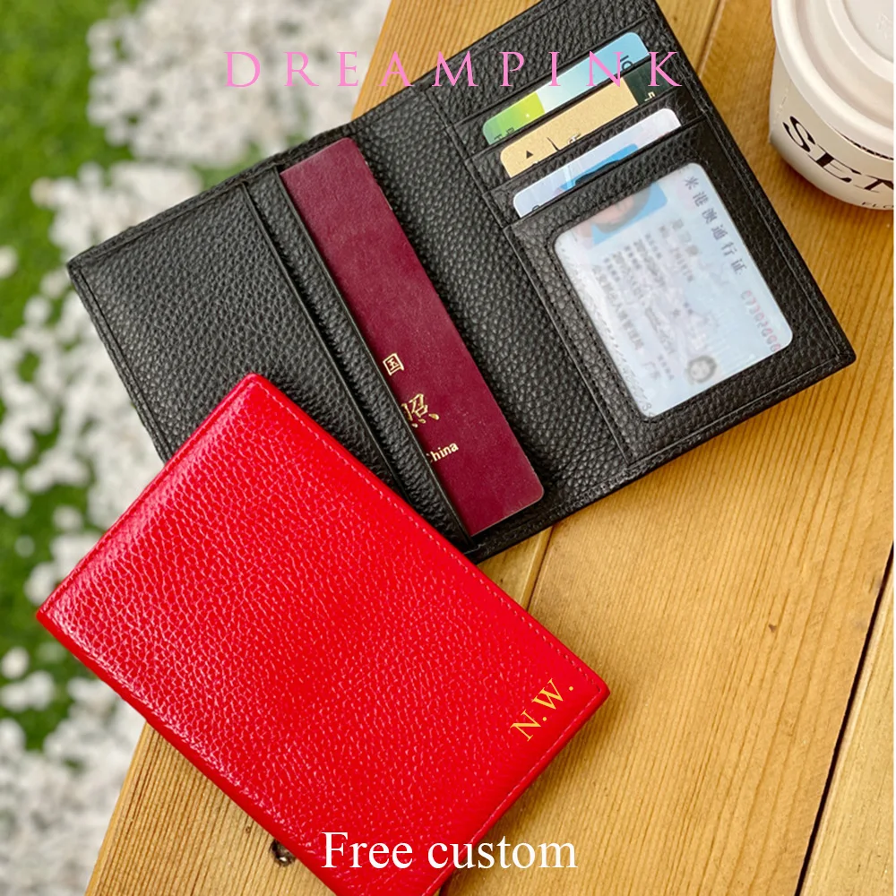 

100% Cowhide Passport Holder Factory Genuine Leather Engrave Letters Men Women Passport Cover Customized Name Travel Card Wallet