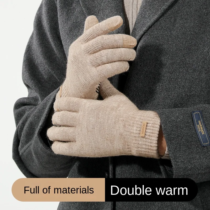 Arctic Velvet Knitted Gloves for Warm Men in Autumn Winter Plush Thick Anti Pilling Wool Touch Screen Anti Slip and Windproof