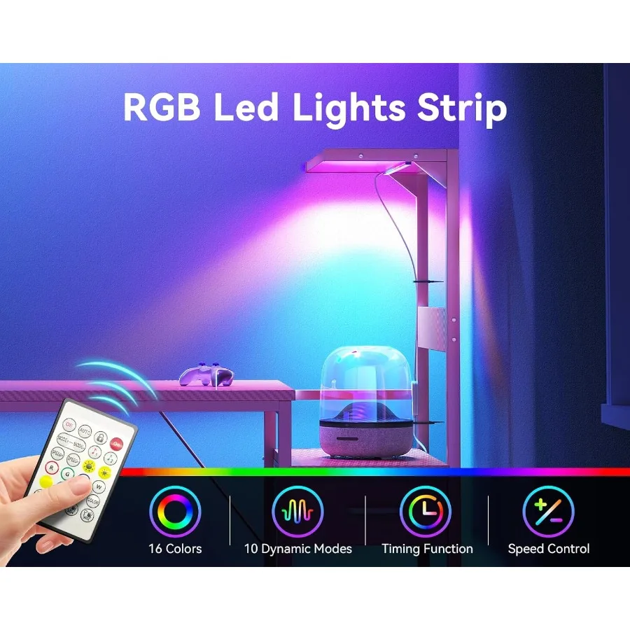 54 Inch Gaming Desk with Integrated Storage and LED Lighting for Enhanced Work and Play Reversible Design with Display Shelves