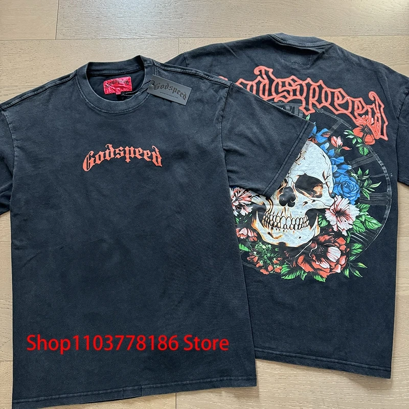 Letter Skull Flowers Print Godspeed T-Shirts American Streetwear Fashion Hip Hop Vintage Men Women Couple Short Sleeve Tops