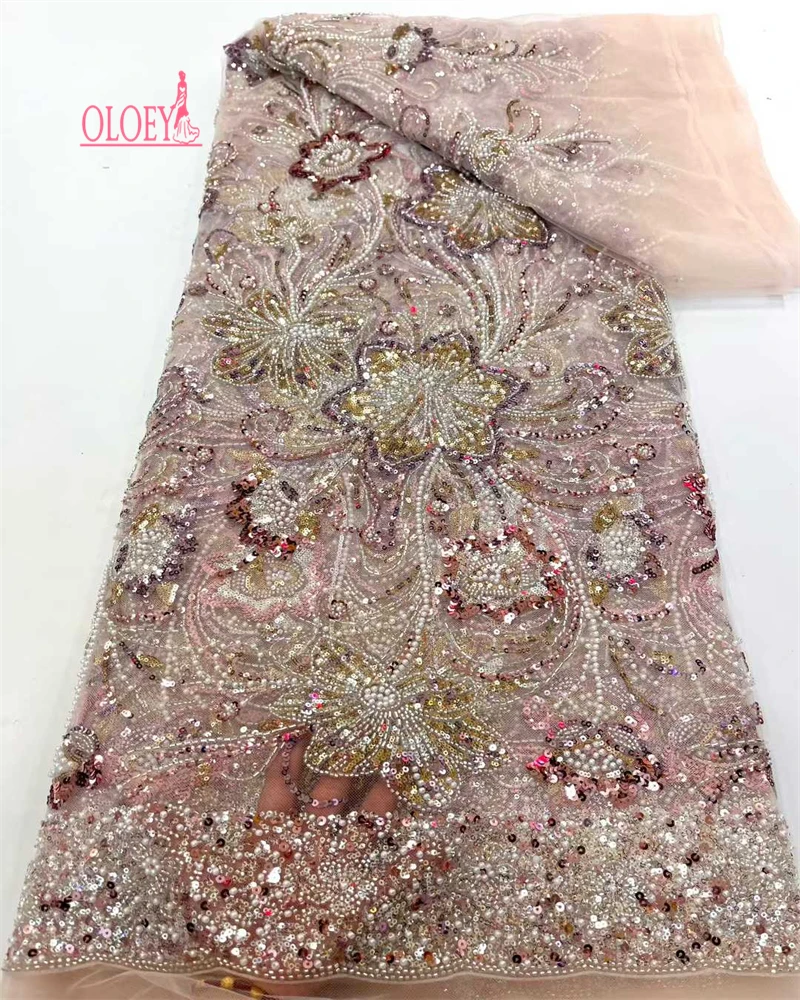 OLOEY Luxury African Sequins Beaded Lace Fabric High Quality Groom Nigerian Wedding Bridal Embroidery French Tulle Sewing
