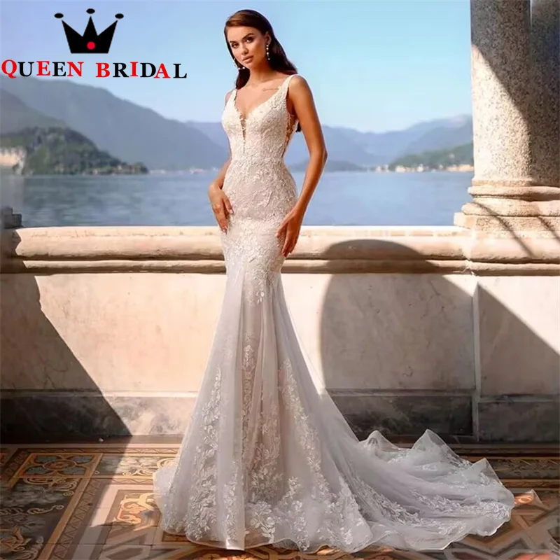 

Appliques Lace Charming Mermaid Wedding Dresses V Neck Spaghetti Straps Backless Bridal Gown Robe De Mariée Custom S24X