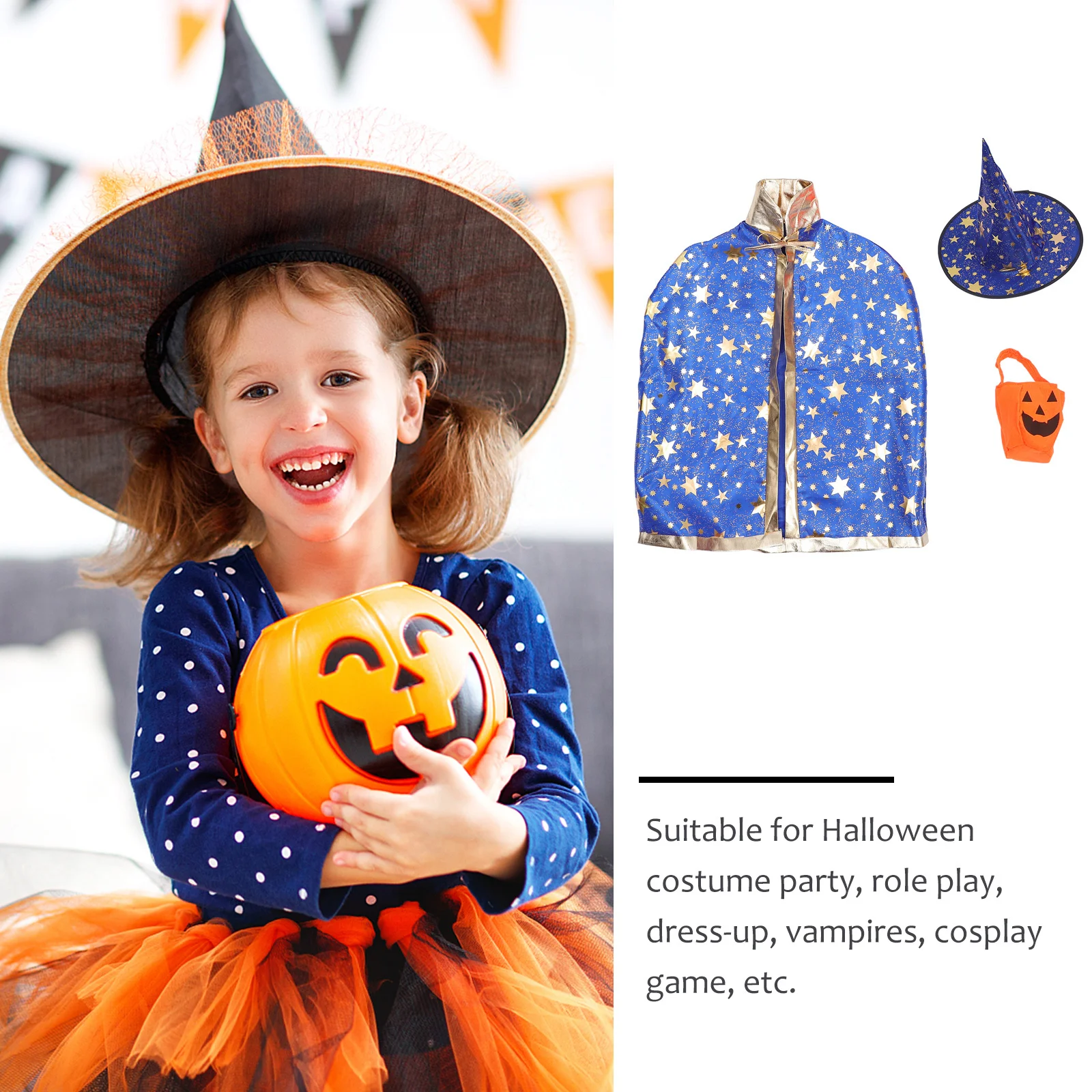 

1 set 1 Set Halloween Cosplay Witch Cloak Wizard Cape Hat Pumpkin Bag Adjustable Costume Party Role Play Dress Up