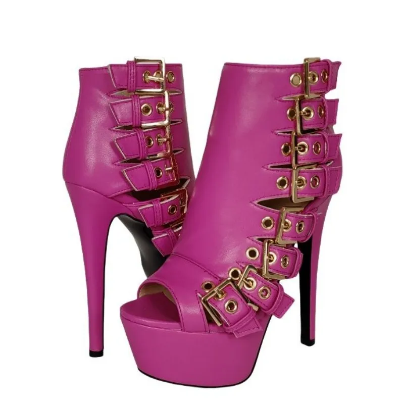 

DIZHUANG Sexy women's high heels. Rose red matte leather high top shoes Peep toe shoes. 14-16cm heel height Summer women's shoes