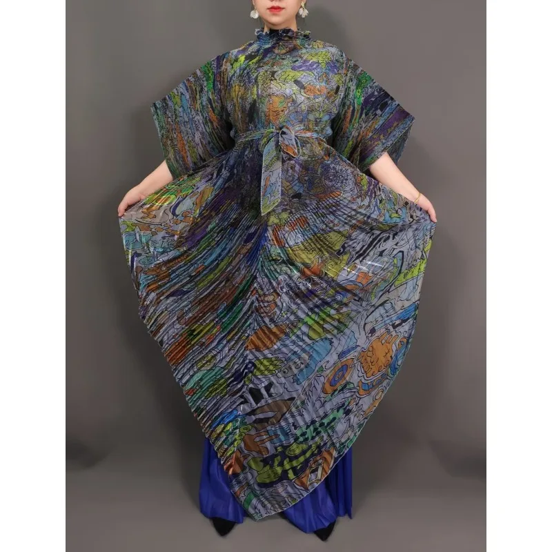 Nouveau Miyake grande taille Stretch femmes ensemble à manches longues chauve-souris cape robe droite jambe large pantalon 2 pièces Simple décontracté africain bal