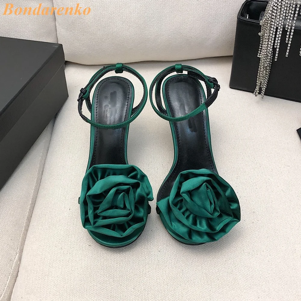 Flower Decor Satin Sandals Thin High Heel Runway 2024 Summer Fashion Solid Rosy Black New Arrivals Women Sandals