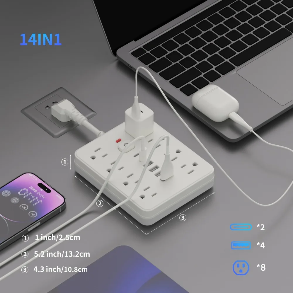 Compact US 3-Prong Power Strip with 8 AC Outlets And USB Ports Overload Protection Desktop Charger for Home And Office