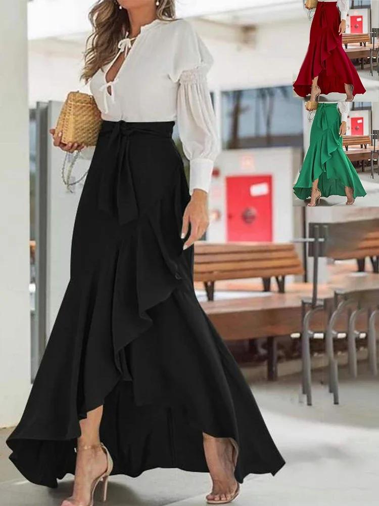 

2024 Women's High Waist Ruffle Hem Casual Waist Elastic Mermaid Skirt Prom Party Maxi Falda Warpped Skirt Long Skirt