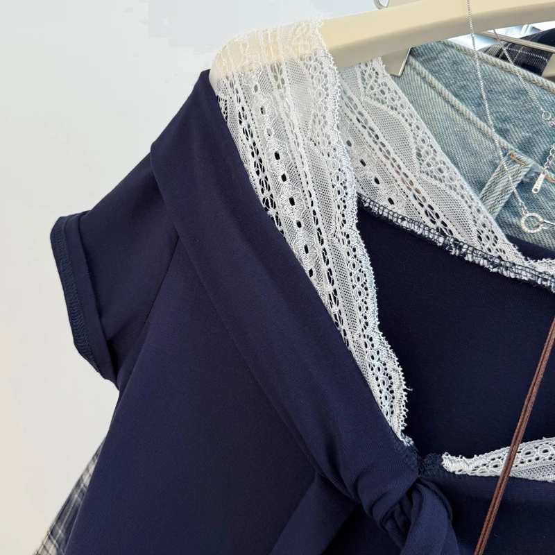 夏の女性の偽二枚 Tシャツ V ネック半袖レーススプライシングトップ韓国カジュアルファッションシックな女性の Tシャツ