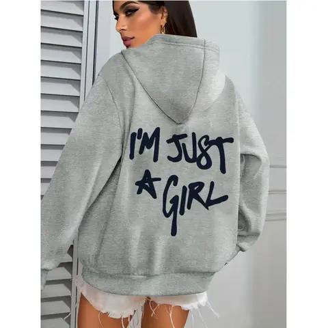 Women's Casual Pocket Hoodies with I'm Just A Girl Letter Print Autunm Winter Hooded Clothes Graphic Y2k Sweatshirts Streetwear