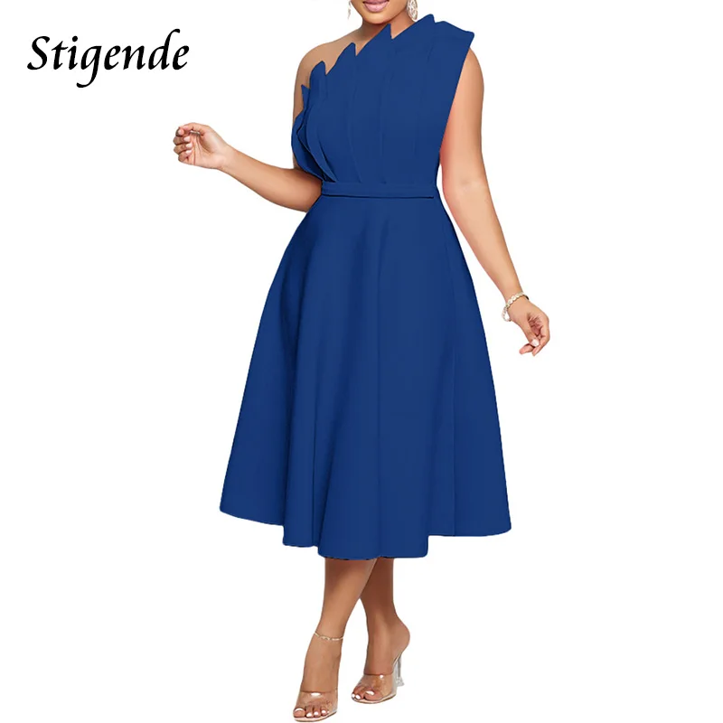 Stigende Sexy One Shoulder Back Zipper Folds Dress Women Slash Neck Patchwork Pleated Irregular a Line Dress