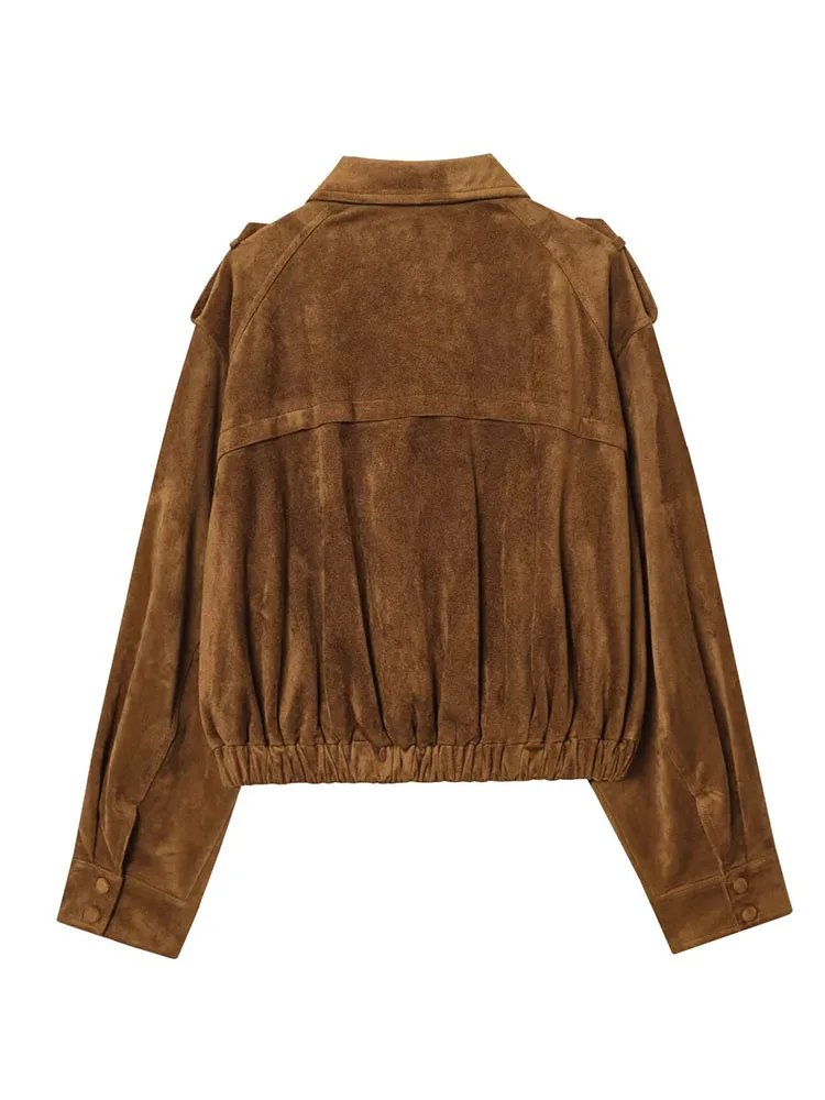 HH المرأة الخريف موضة الرجعية تنوعا الجلد المدبوغ التلبيب معطف طويل الأكمام الإناث أنيقة عالية الشارع سستة جيب سترة فضفاضة Mujer