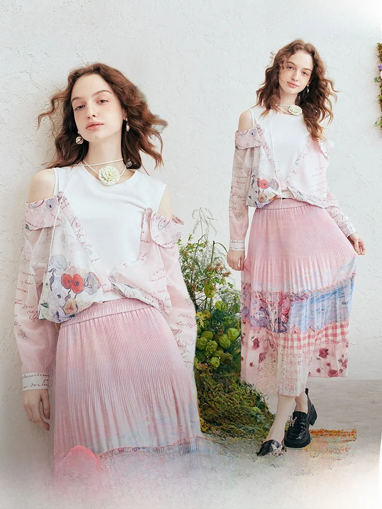 

Женская блузка с художественным принтом роз, имитация двухслойности, с открытыми плечами, из смесового хлопка и полиэстера, весенняя новинка