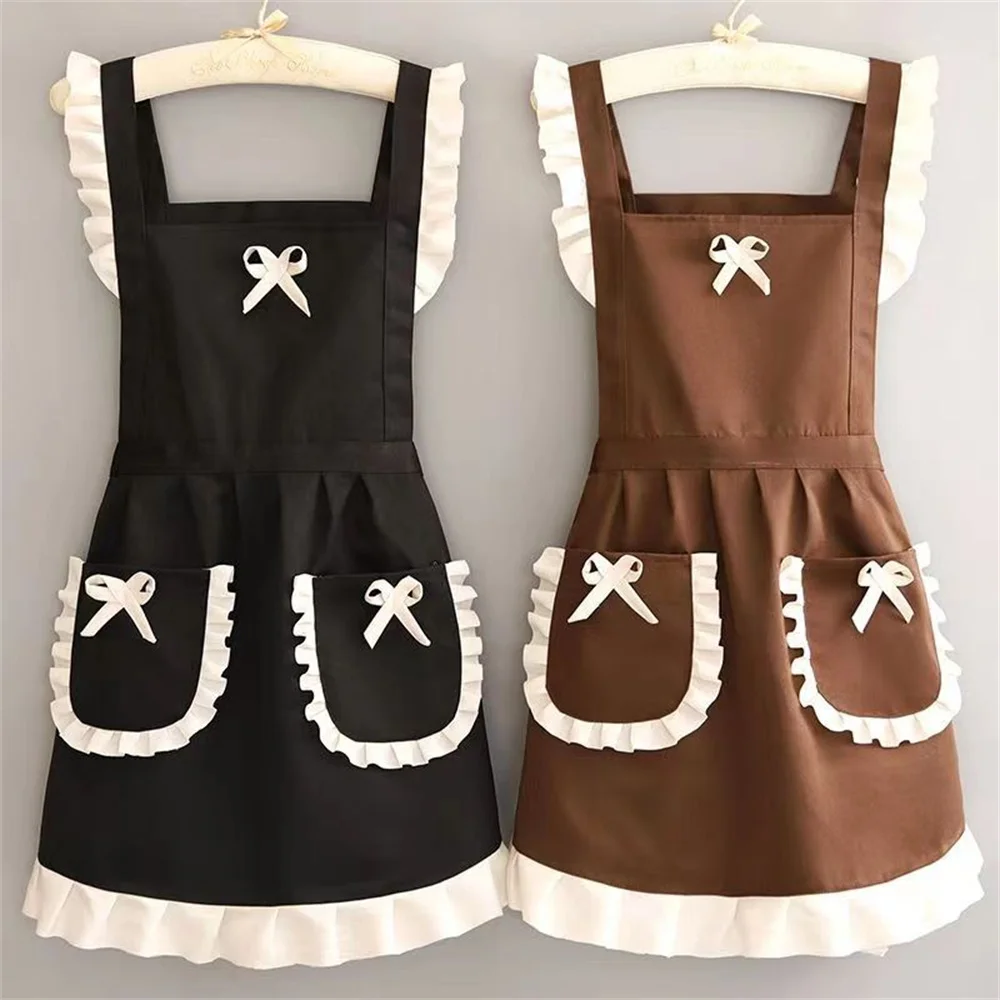 

Cute Japanese Apron Maid Dress with Waistband Kitchen Household Restaurant Workwear for Women Coffee Overalls Apron