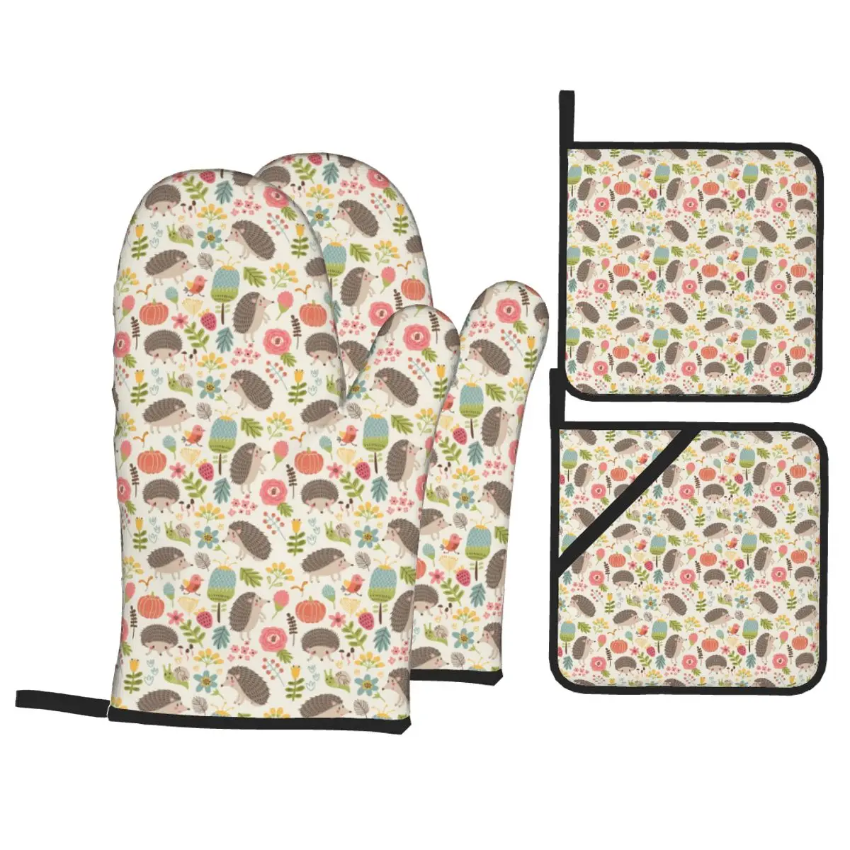 

Forest With Hedgehogs Oven Mitts and Pot Holders Sets of 4 High Heat Resistant Oven Mitts with Oven Gloves and Hot Pads