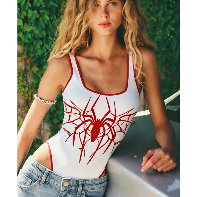 Traje de Baño de Una Pieza para Mujer y Niña con Estampado de Telaraña, Cuello en U, Sin Mangas, para Cosplay, Ropa de Calle y Playa