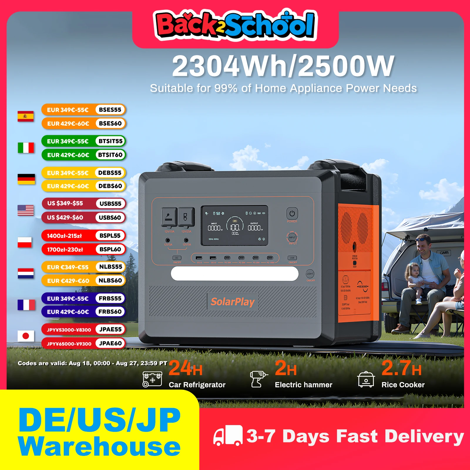 

SOLARPLAY Portable Q2402M Energy Charging Station 2500W/2304Wh 720000MAH Mobile Powerbank BMS UPS Function Equipment for Camping