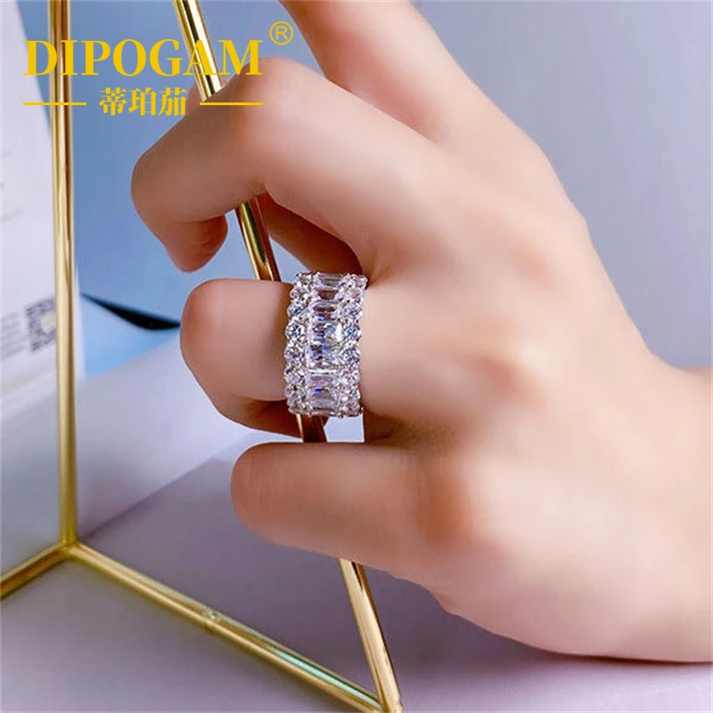 

DIPOGAM Ladies' luxury white moissanite wheel ring, silver multi row commitment engagement ring, bride's jewelry, love gift