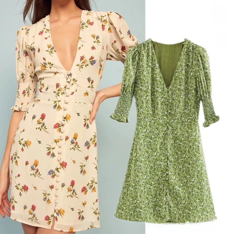 レトロな花柄プリントスリムフィットドレス女性のアボカドグリーン V ネックヘップバーンスタイルバブルスリーブティーブレイクスカートショート A ラインドレス