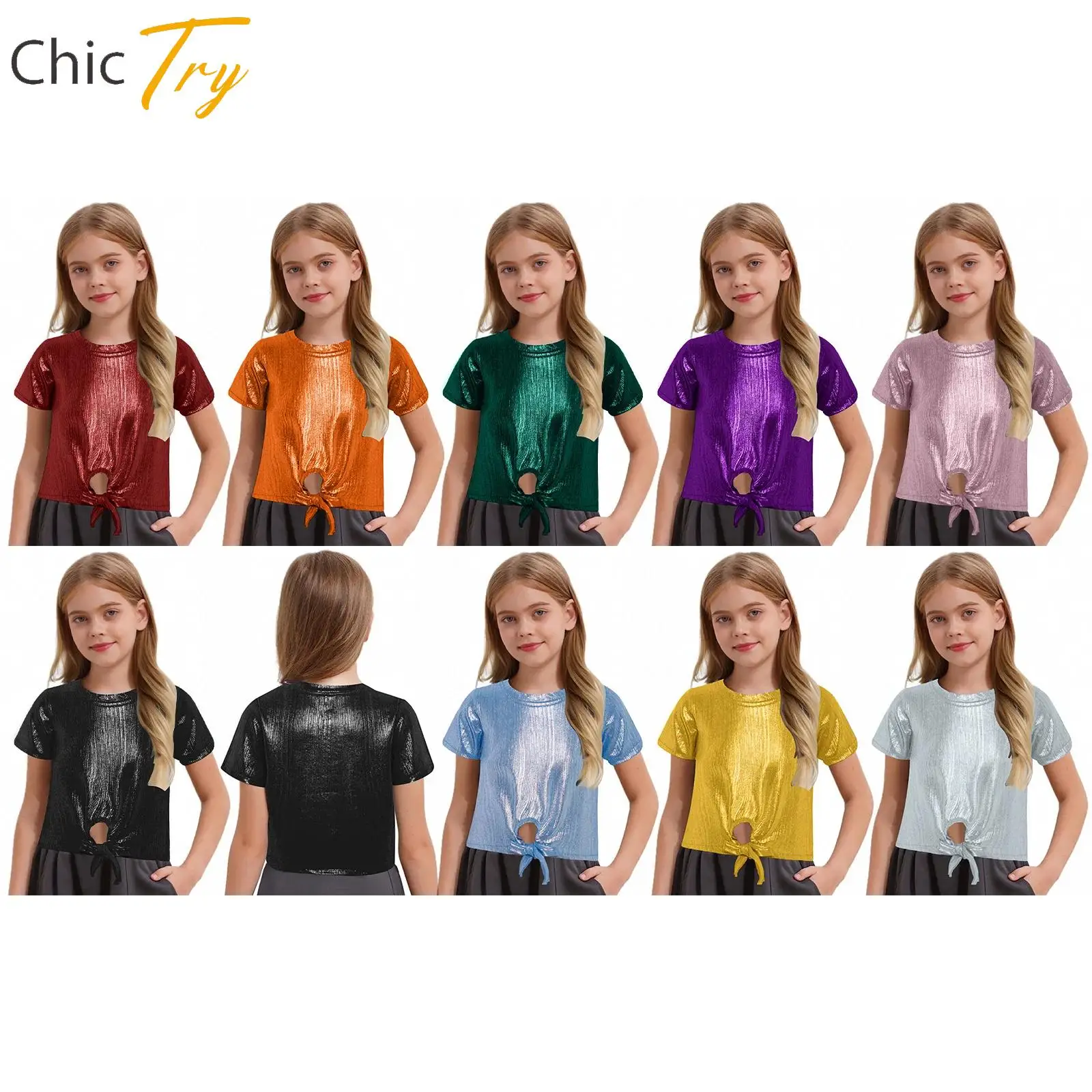 

Girls Streetwear Hip-Hop Jazz Dance Costumes Short Sleeve Lace-up Metallic Ribbed Crop Top for Halloween Carnival Stage Party