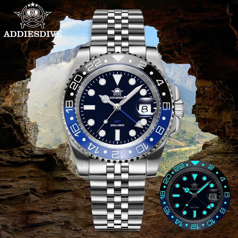 

ADDIESDIVE Men's GMT Quartz Watch Waterproof 200M Ceramic Bezel Super Luminous Wristwatch Dual Time Zone Stainless Steel Watches