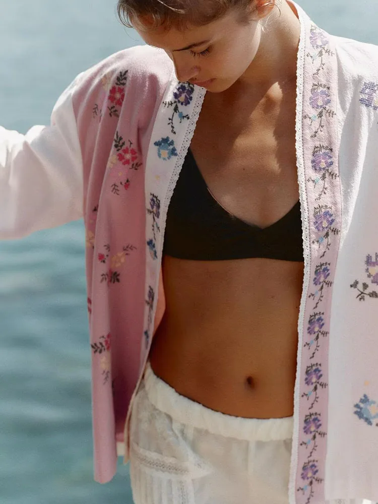 2025년 가을 신상 여성 패션 다용도 슬림핏 긴팔 면 플로럴 자수 롱 셔츠 우아한 품질