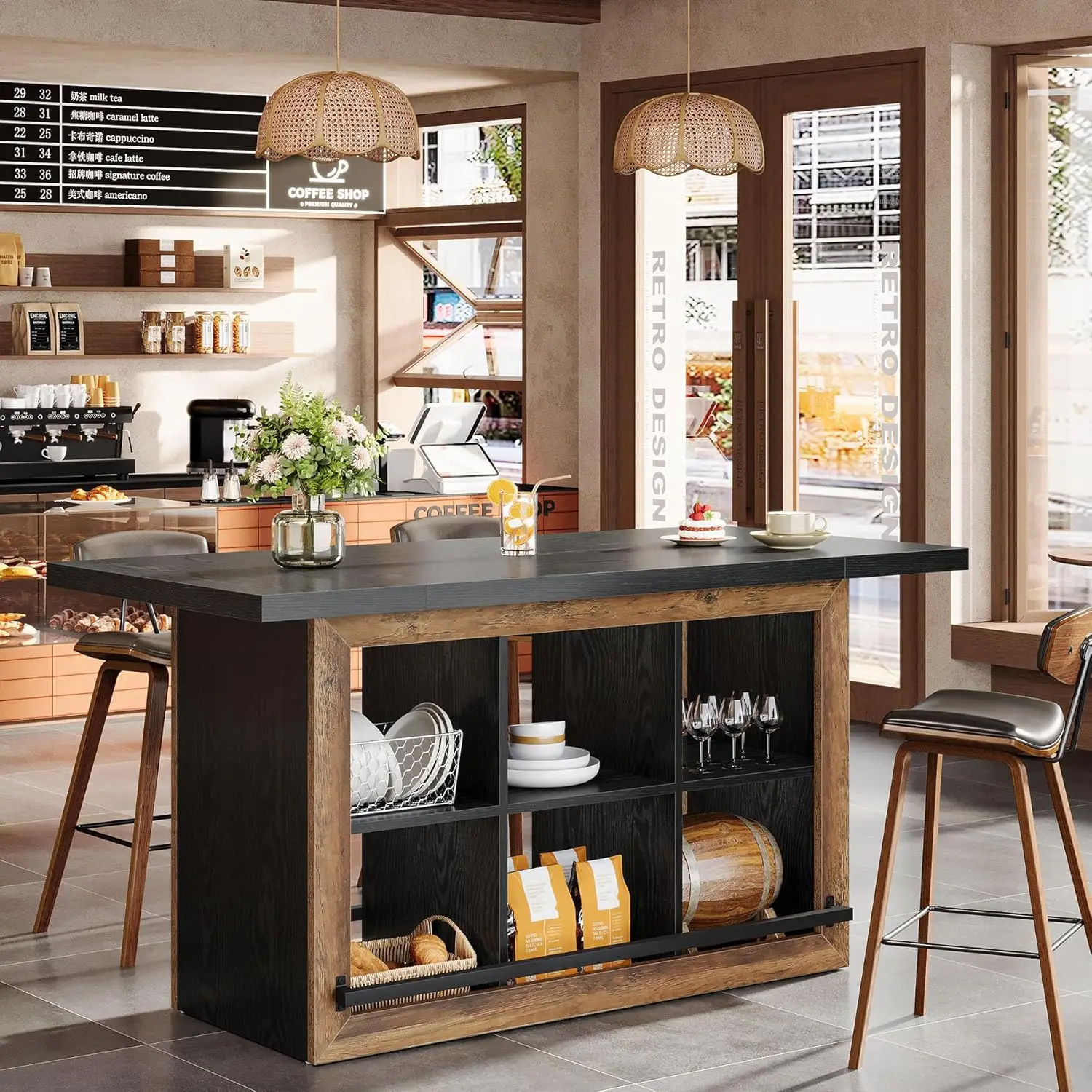 Bar Table with Storage, 62.6" Rectangular Home Bar Cabinet Unit with 6 Spacious Cubbies and Metal Footrests, Large Counter Heigh