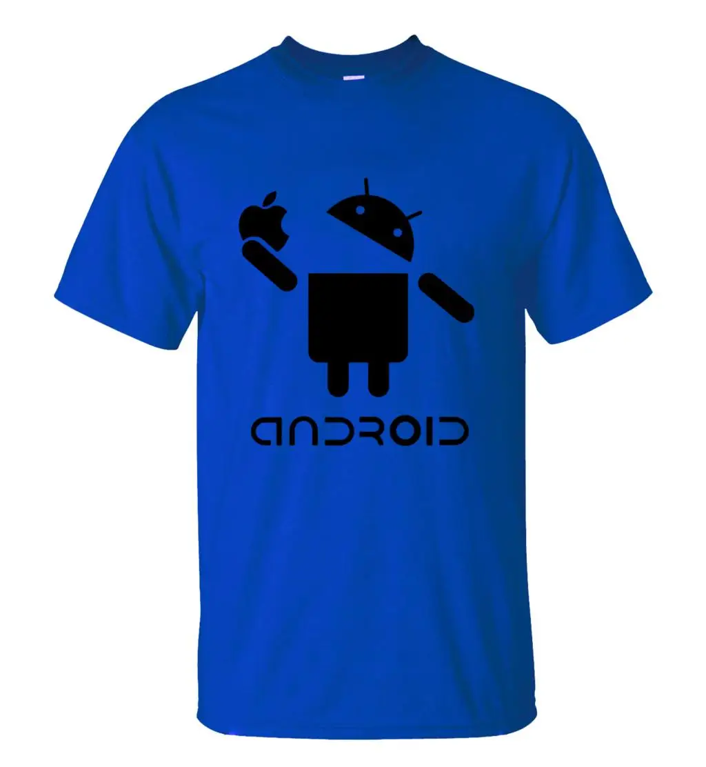 Android Robot Icon Eat Apple Funny Creative Graphic T-Shirt 100% Cotton O-Neck Short Sleeve Casual Mens T-shirt Size S-3XL