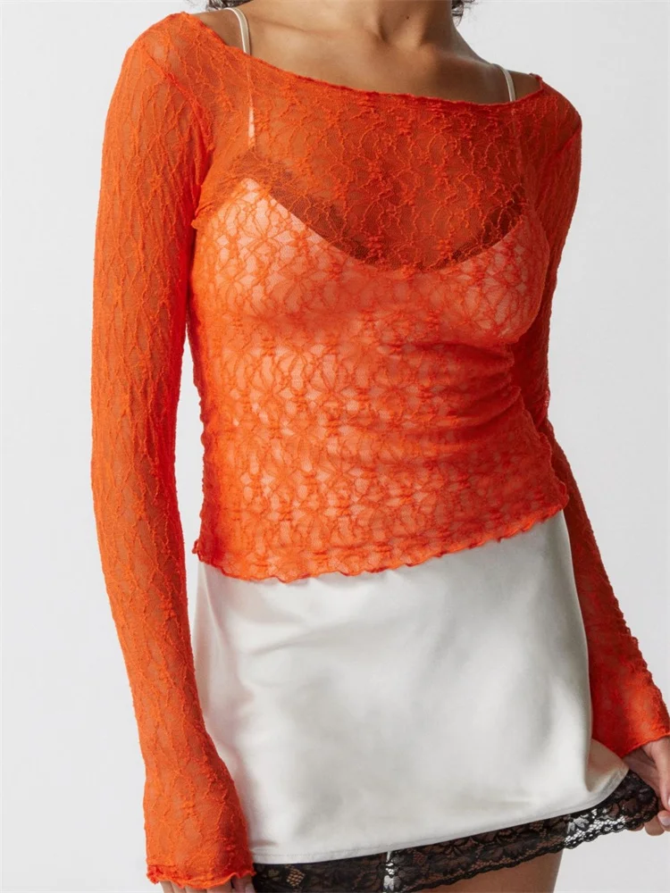 Chronstyle Dames Kanten Gebloemde T-Shirts Crop Tops Lange Mouwen Slank Mesh Doorschijnend T-Shirts Zomerfeest Streetwear 2023