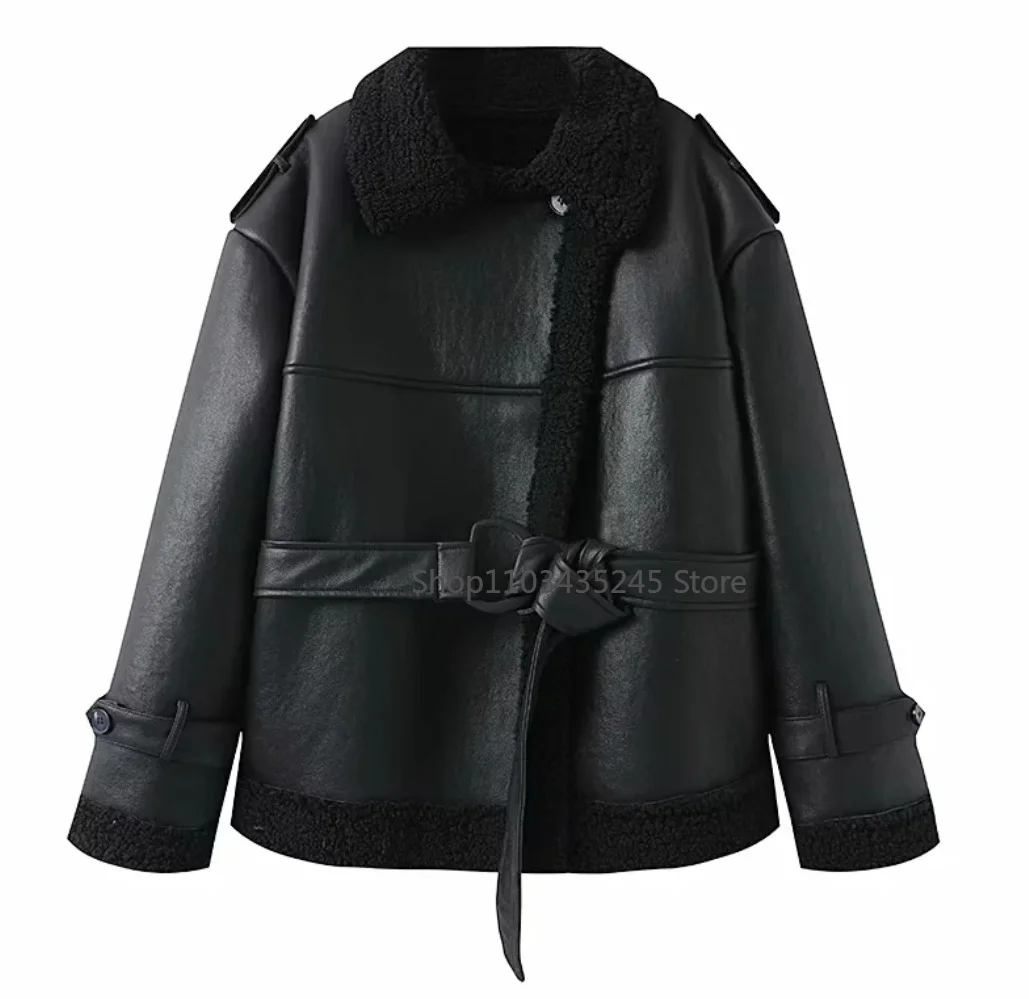 2025 Winter Street Vintage Belt Lady Outwears Faux Fur Leather Women's Jackets Lapel Long Sleeve Patchwork Thicken Female Coats