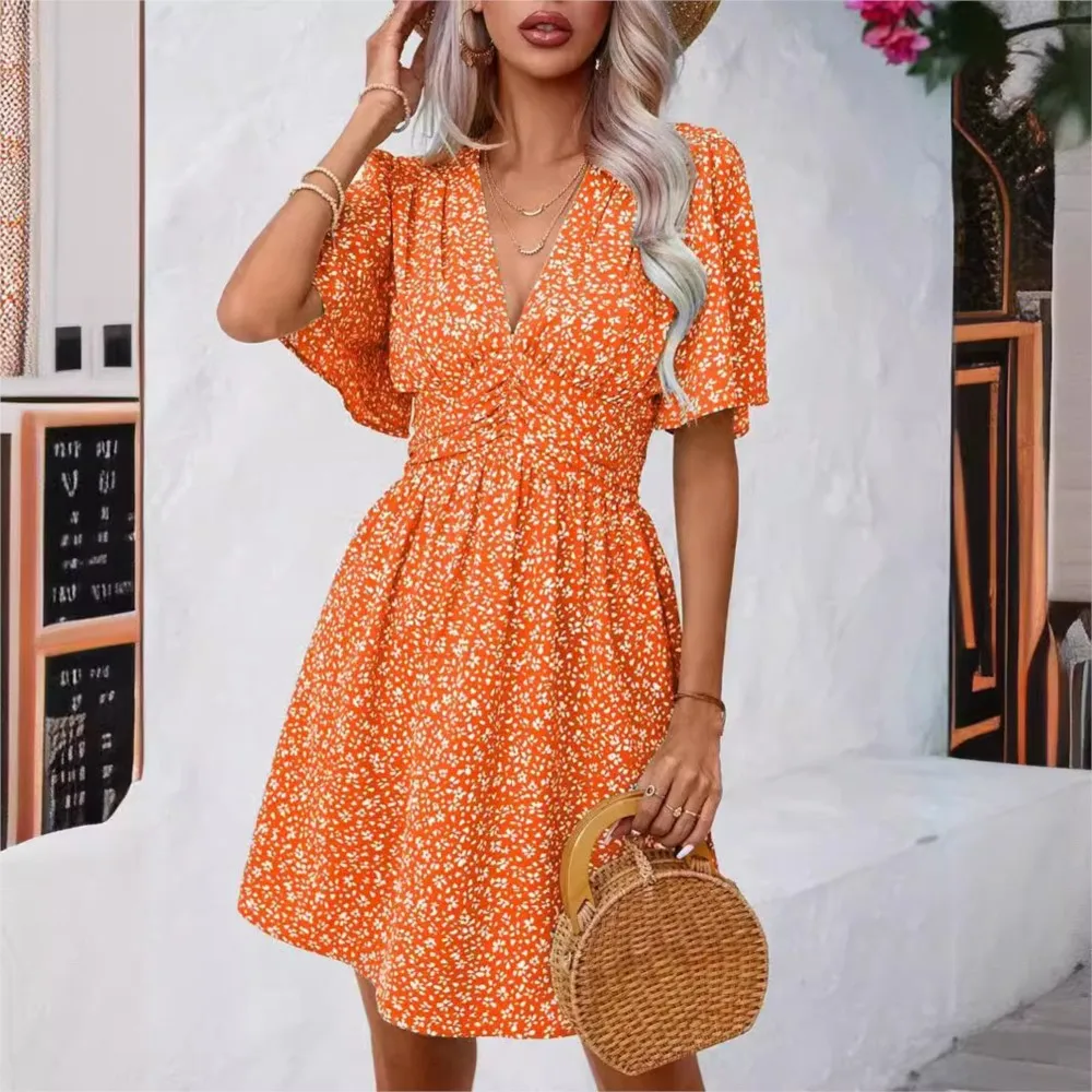 Fashion V Neck Mid Sleeve Printed High Waisted Floral Short Sleeved Women\'s Dresses EsSummer Simple Elegant Female Pleated Dress