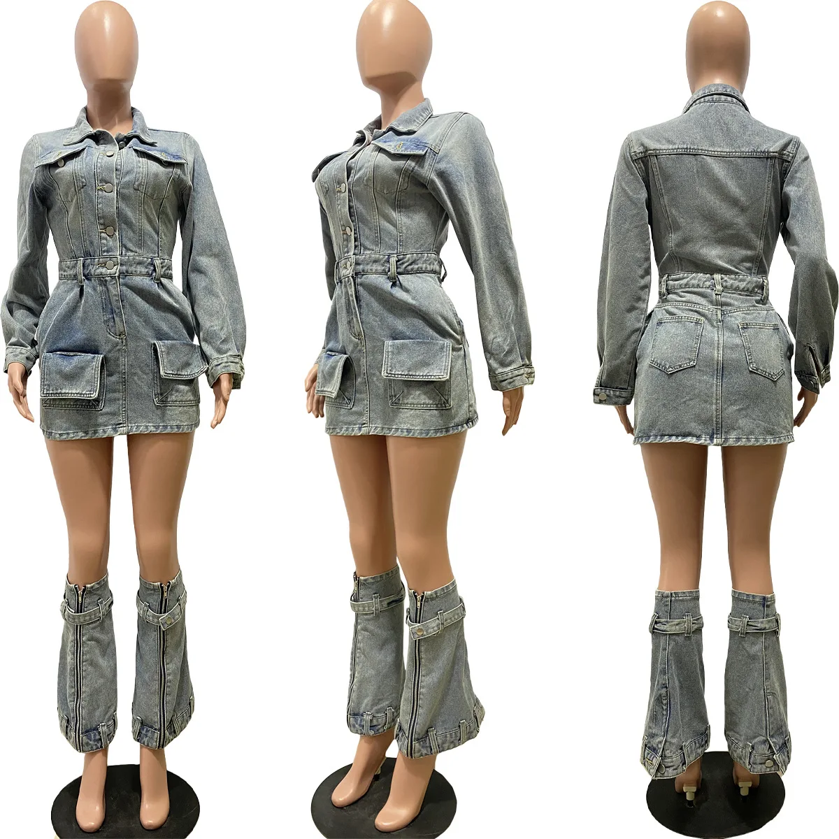 Denim Pocket Jean Jackets Dress 2 Piece Skirt Sets 2023 Winter Fall Y2K Streetwear Sexy Elegant Cargo Denim Two Piece Skirt Set