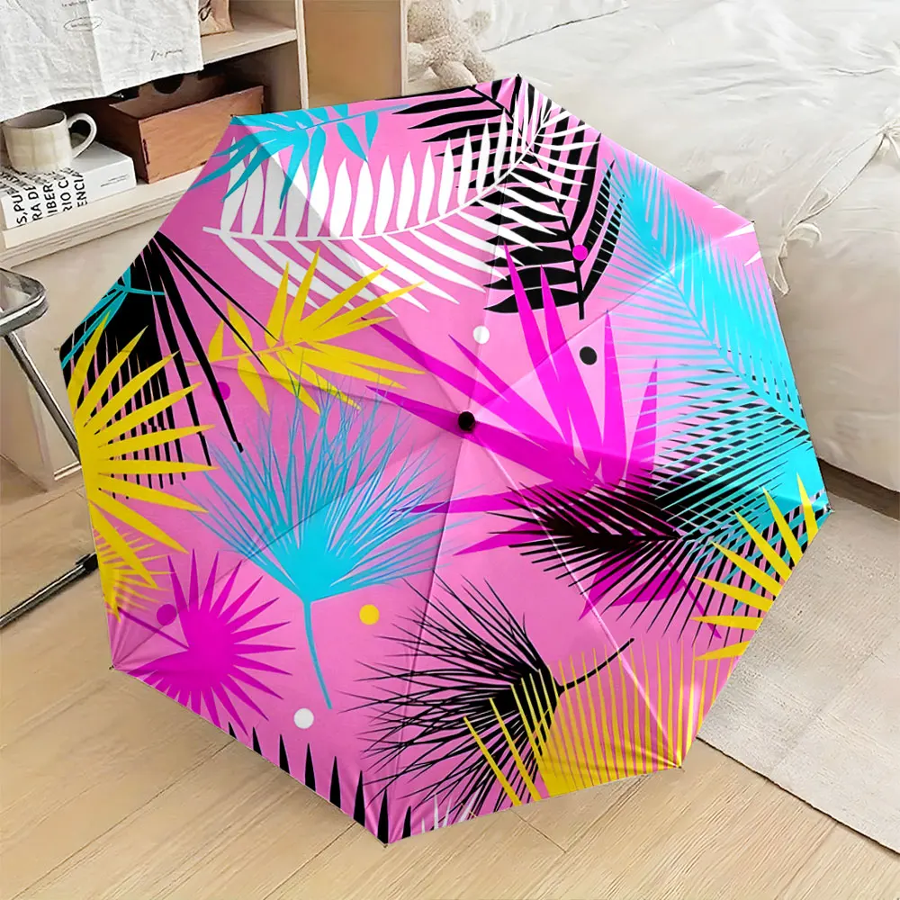 1PC Tropical Leaf Pattern Umbrella with Vibrant Colors Print 8 Iron Ribs Folding Umbrella Auto-Open Fashion Sunshade