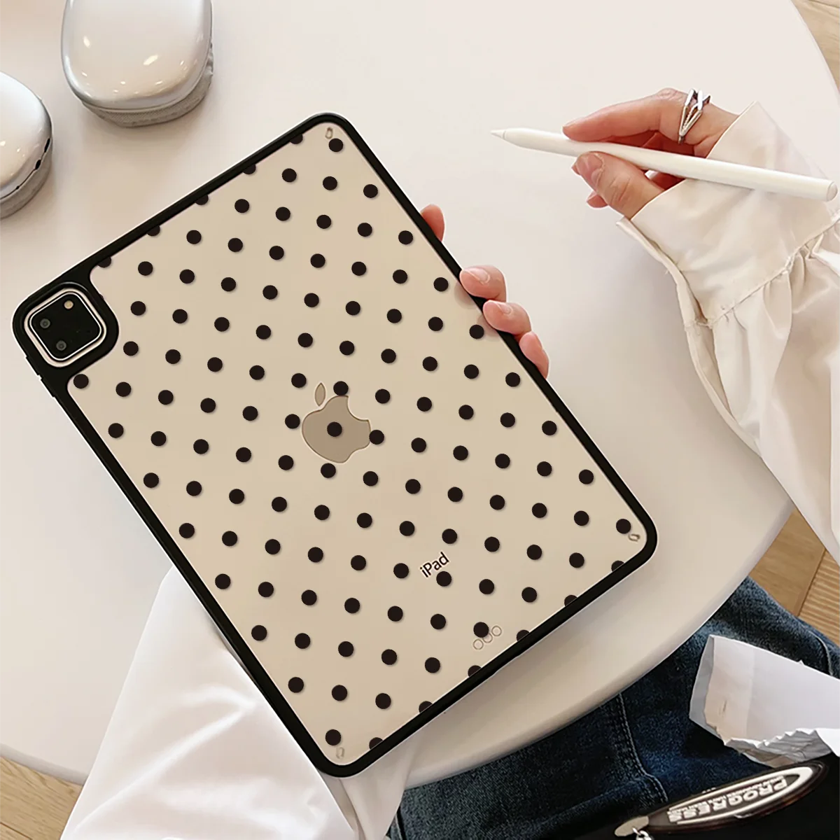 Cute Black Polka Dot Tablet Case For iPad Pro 11 12.9 13 A16 M2 M4 M3 M5 Shell 8.3 9.7 5/6/7/8/9/10/11th Mini Air 3 4 5 6 Cover