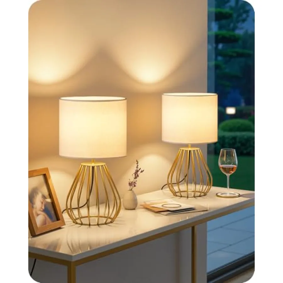 

Gold Table Lamp Set of 2 Small Bedside Lamp with Gold Metal Base and White Linen Lampshade Modern Nightstand Lamp Little Cute D