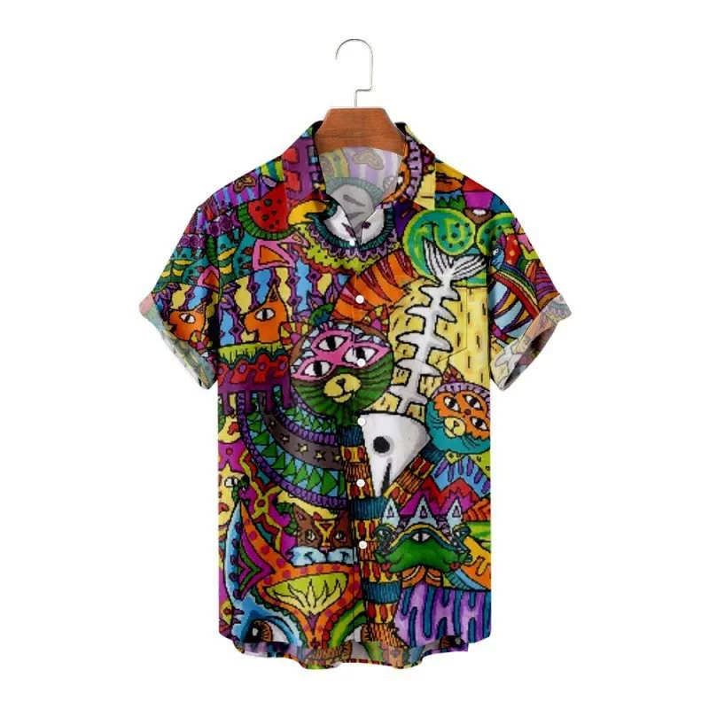 Summer Short Sleeved Shirt Casual Button Up Collar Top Loose Digital Printed Shirt Vacation Men's Wear 2025