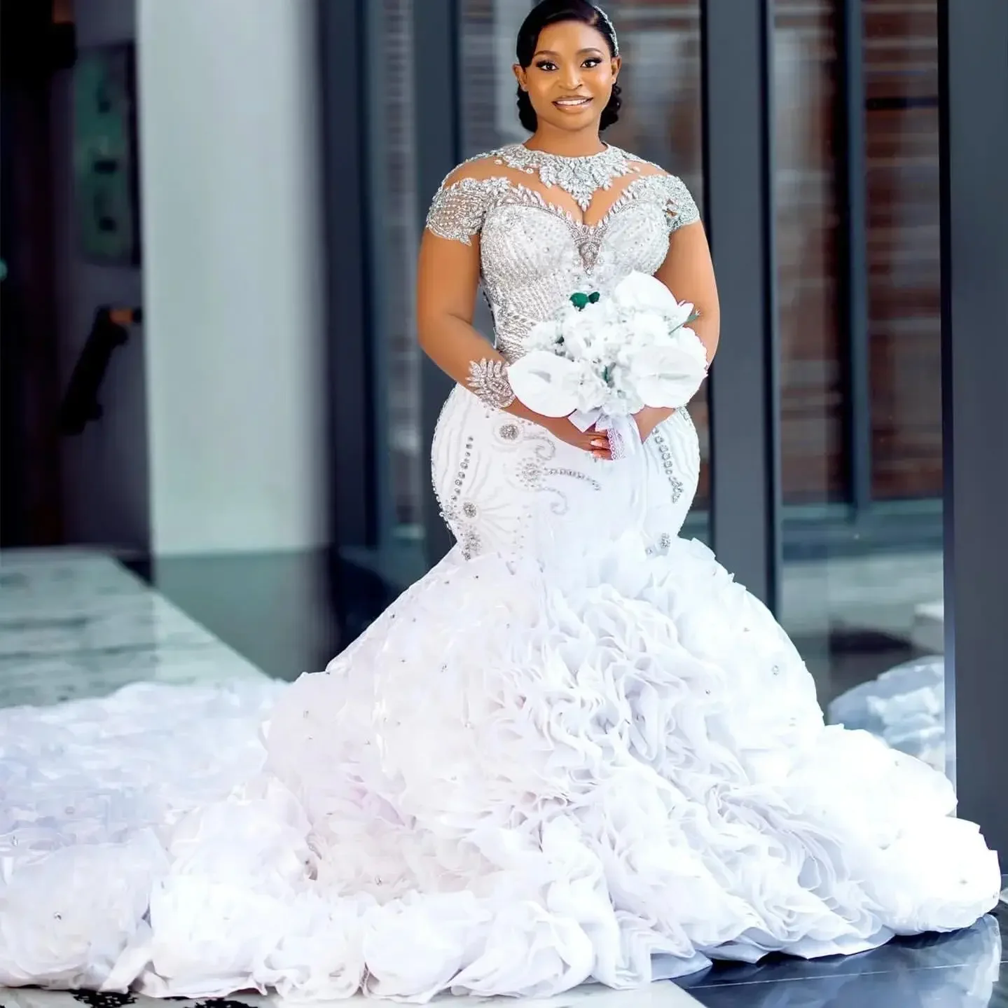 

Customized Arabic Aso Ebi Plus Size Lace Luxurious Mermaid Wedding Flowers Crystals Tiers Satin Bridal Gowns Dresses