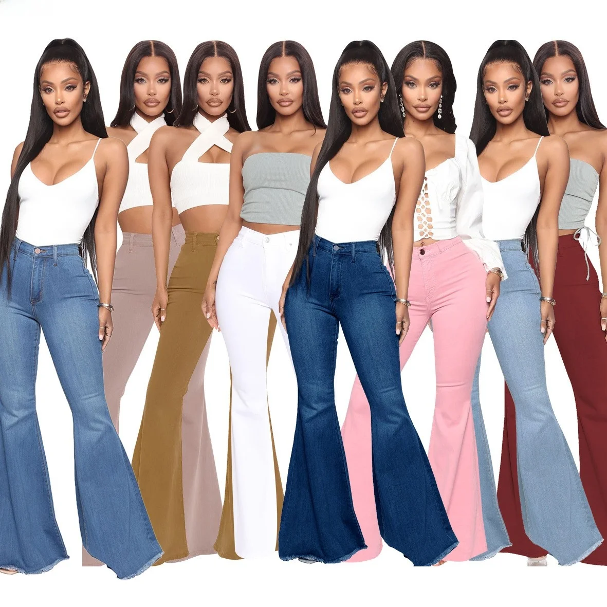 

High Waist Flared Jeans Large Size Women's 2023 New Style Cotton Elastic Denim Pants Spring Season Casual Wear Light Color