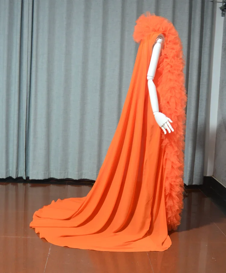 Chiffon Sleeveless Dress with Fluffy Tulle Trim, Elegant Orange Party Gown with Long Train, Formal Evening Prom Dress for Women
