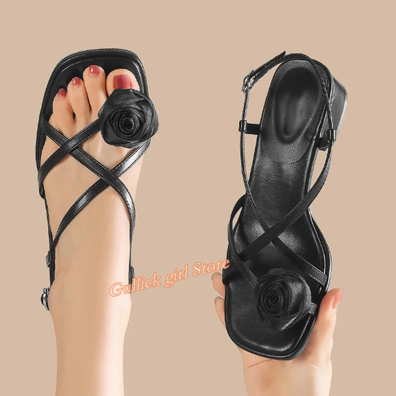Flower Decor Block Middle Heel Sandals Square Toe Strappy Black White Silver Handmade Runway 2026 Summer Women Dress Shoes
