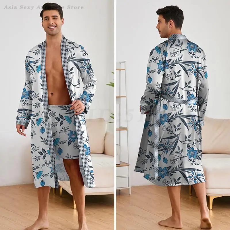 Print Flower Men\'s Sleepwear Long Sleeved Robe Shorts Pijamas Set Loose Casual Bathrobe Kimono 2025 Spring Summer 2PCS Pyjamas