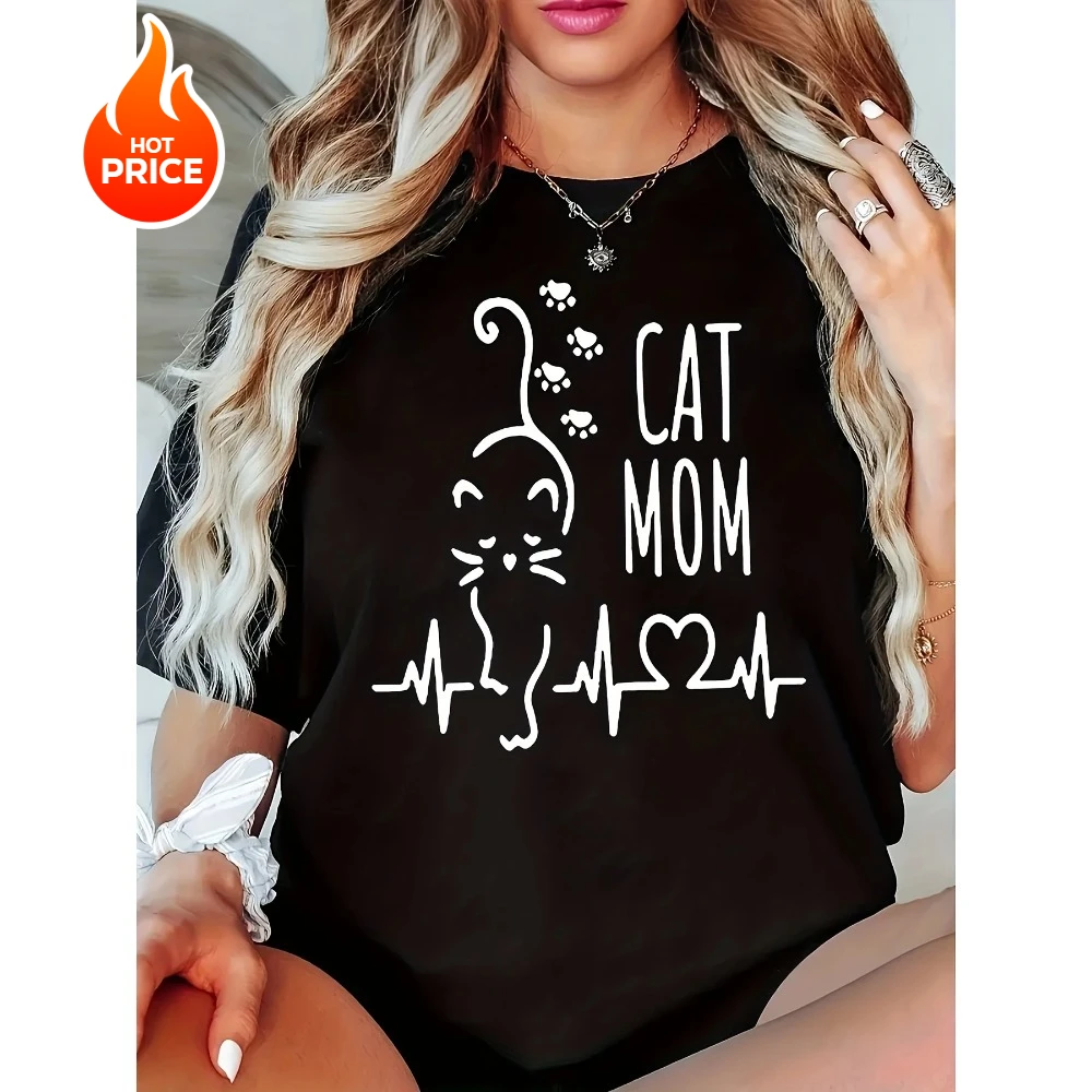 

Women's Casual T-Shirt with Geometric Cat Print Crew Neck Sleeve Stretchy Summer Sleeved Harajuku Streetwear Aesthetic Clothes