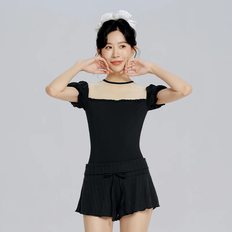 Ivoogle Body da ballo con lacci senza schienale da donna Mesh Patchwork Balletto Manica a sbuffo Body corto Costumi da bagno per adulti