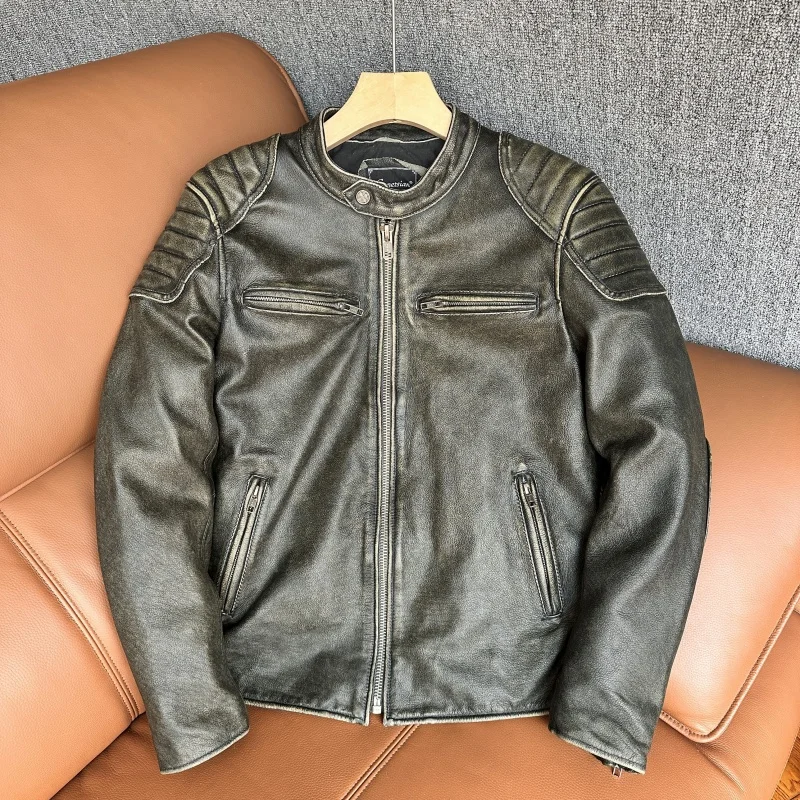 

Мужская кожаная куртка-косуха из натуральной воловьей кожи с воротником-стойкой, в стиле ретро, цвета оливковый хаки