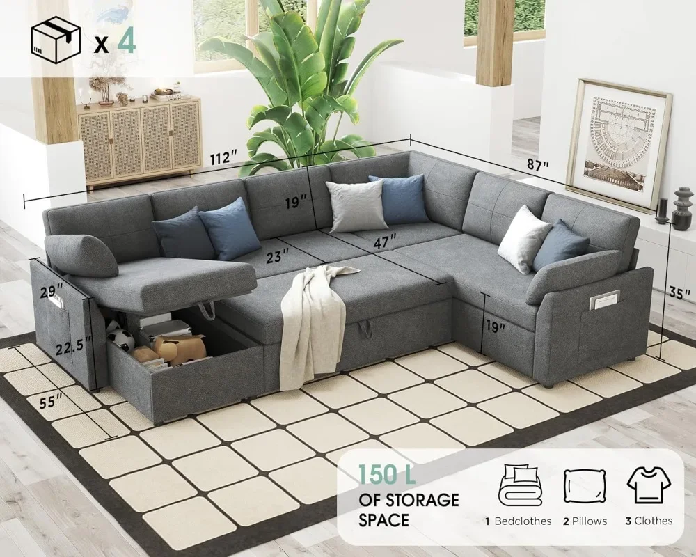 Pull Out Sofa 112 Inch Oversized U Shape Sleeper Sofa Couch with Storage Chaise & 3 Seater Comfy Couch with Pull Out Bed